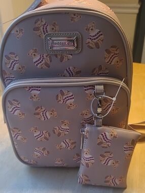 Madden Girl Mauve Teddy Print Khaki Mini Backpack with Coin Pouch